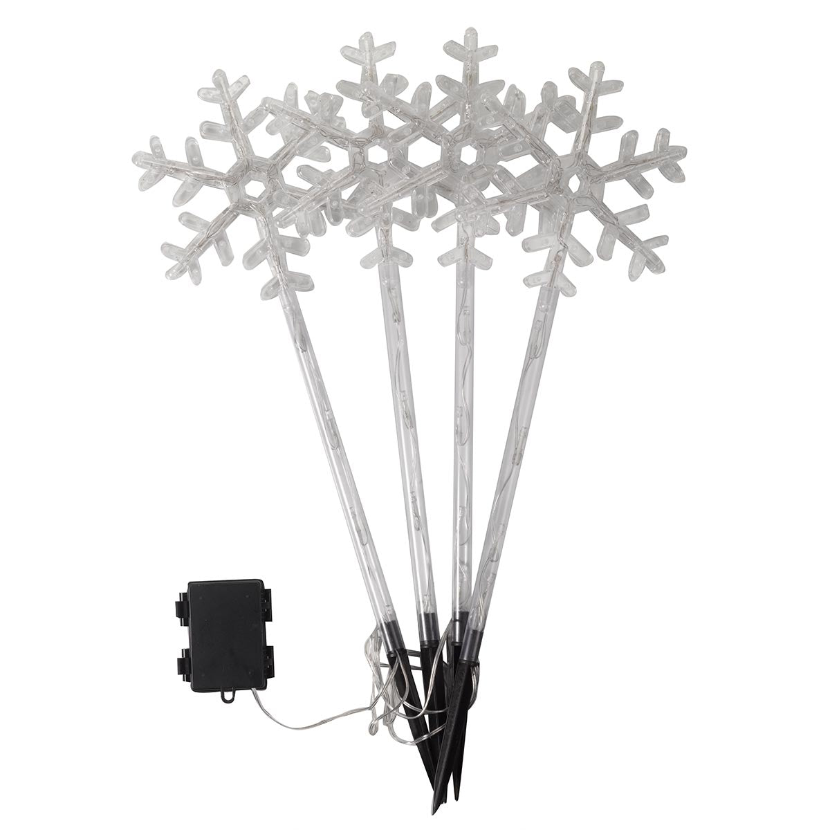 4 Warm White Outdoor Battery Snowflake Christmas Light Stakes 43cm