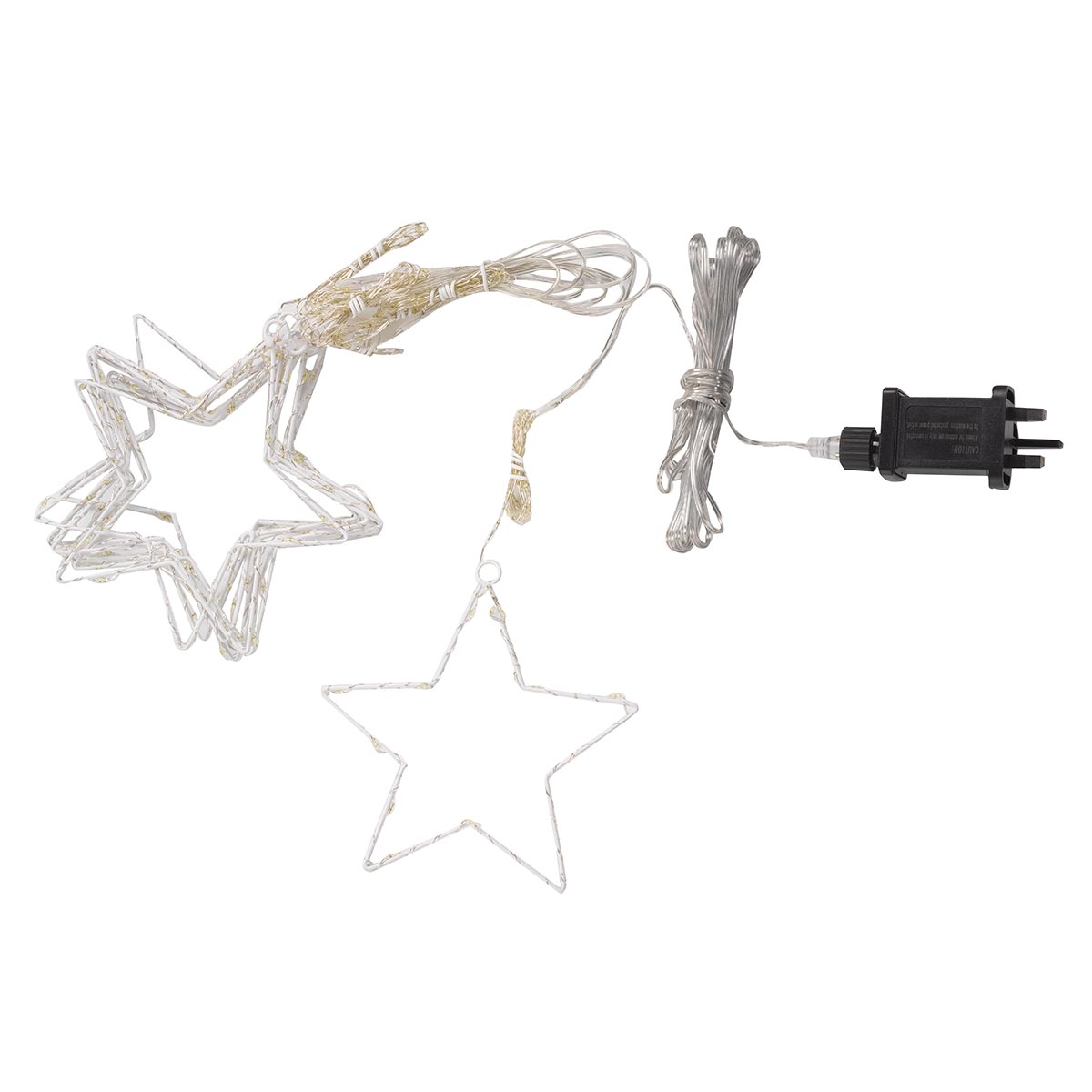 White star-shaped string Christmas lights with a coiled cord, a loose star outline, and a black power adapter on a plain white background.