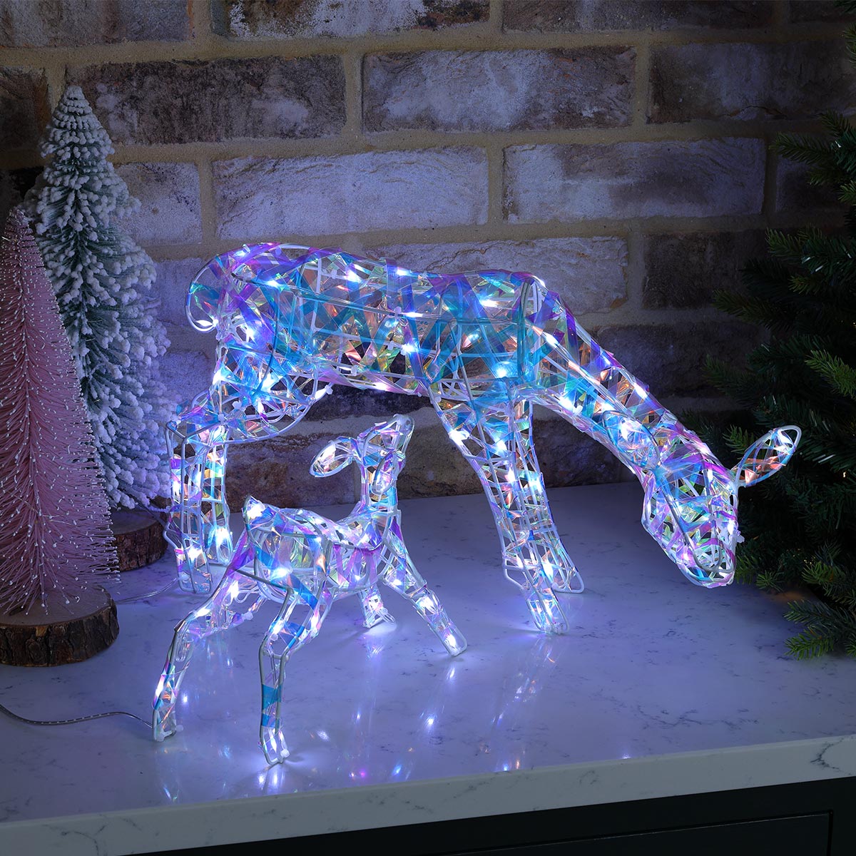 25cm Iridescent Light up Reindeer Doe & Fawn
