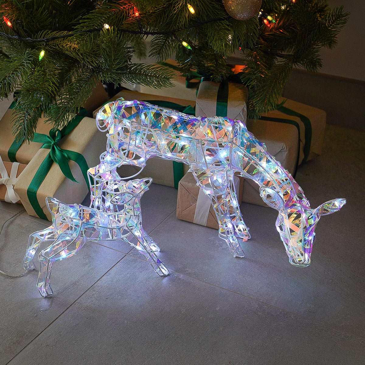 25cm Iridescent Light up Reindeer Doe & Fawn