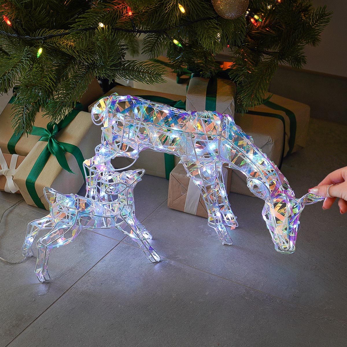 25cm Iridescent Light up Reindeer Doe & Fawn