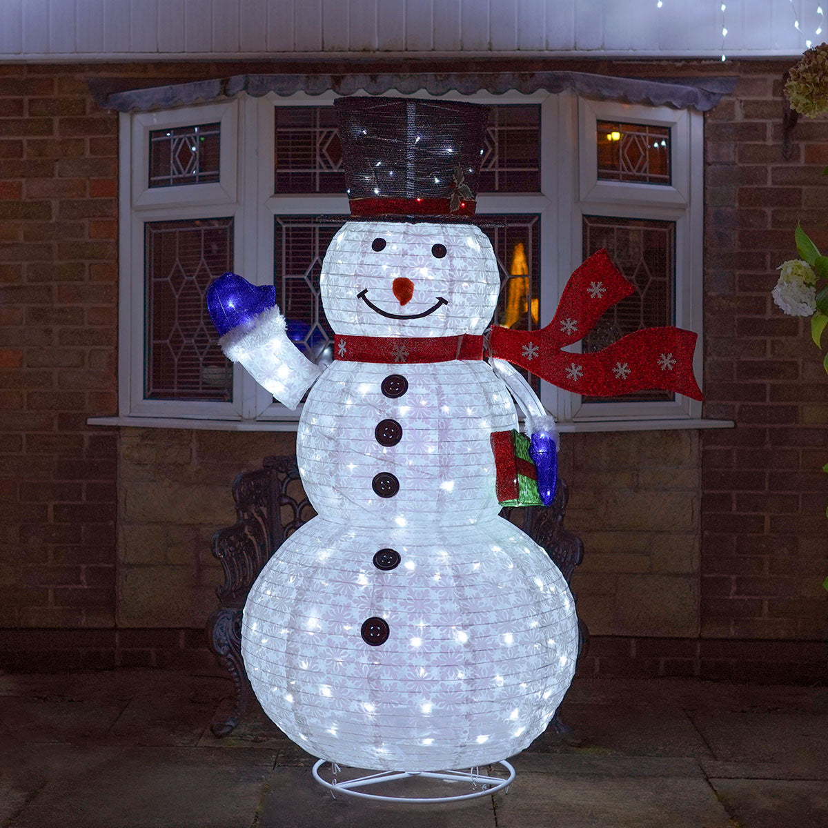 Outdoor Collapsible Snowman with Scarf, White LEDs