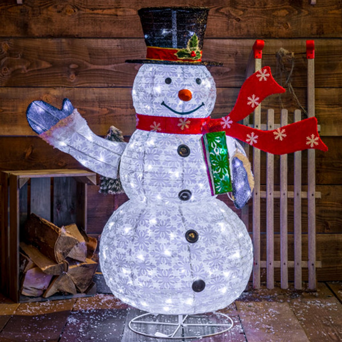 Outdoor Collapsible Snowman with Scarf, White LEDs
