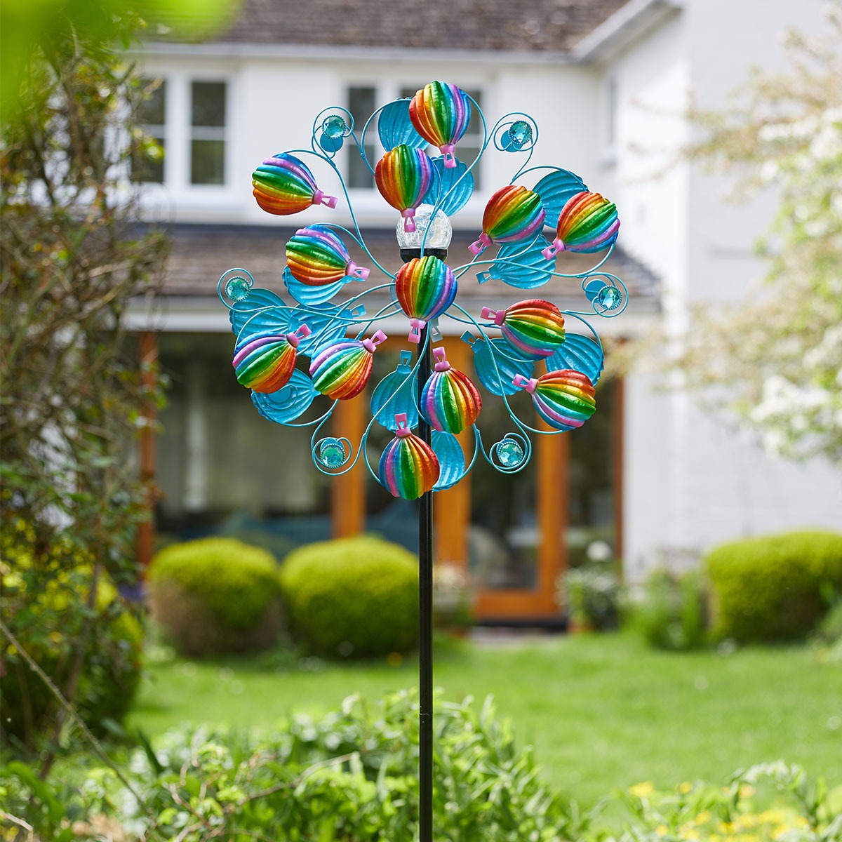 Rainbow Hot Air Balloon Solar Wind Spinner Stake Light 2.1m