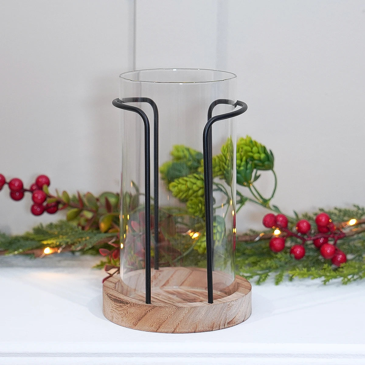 Hurricane Glass Candle Holder with Wooden Base