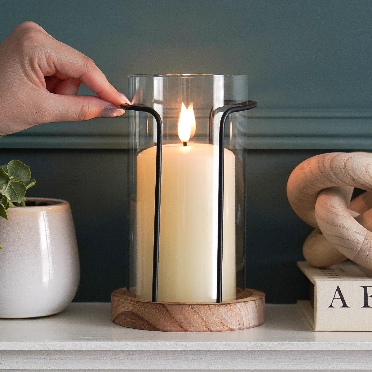 Hurricane Glass Candle Holder with Wooden Base