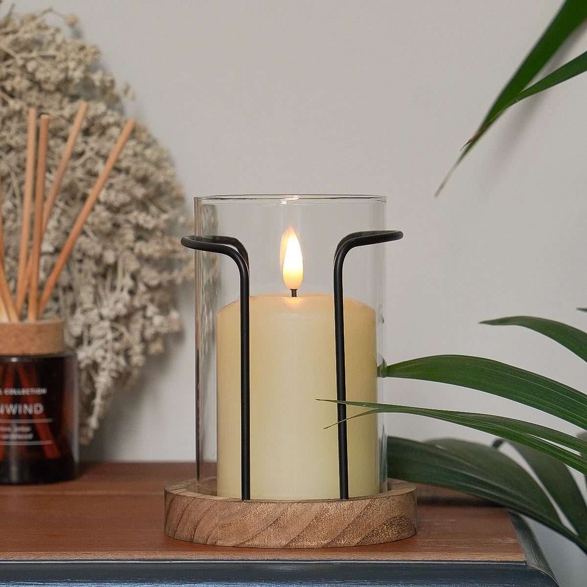 Hurricane Glass Candle Holder with Wooden Base