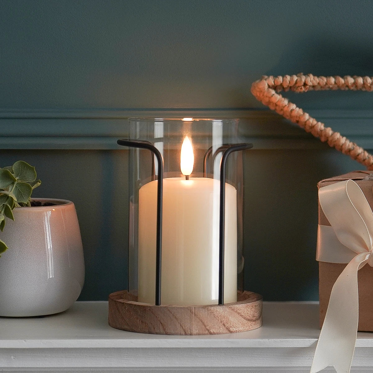 Hurricane Glass Candle Holder with Wooden Base