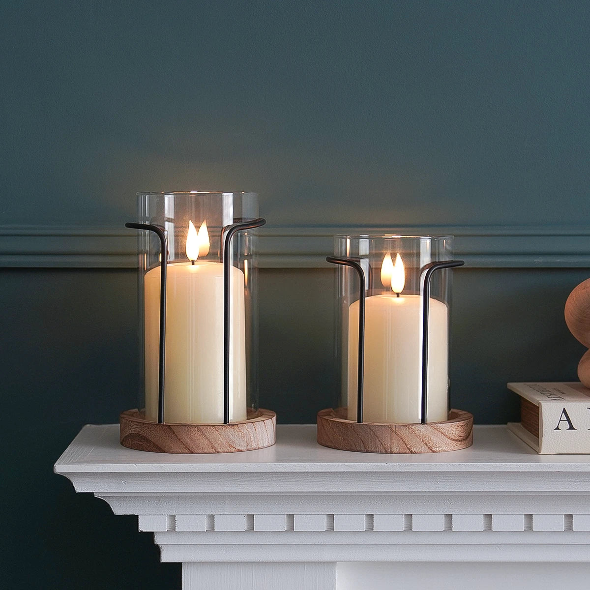 Hurricane Glass Candle Holder with Wooden Base