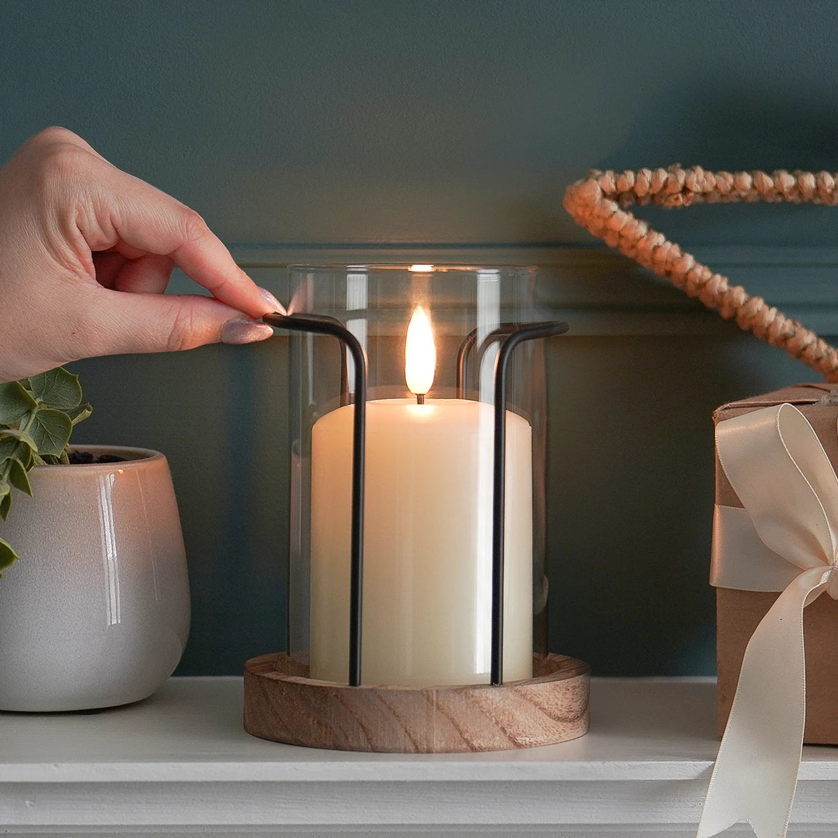Hurricane Glass Candle Holder with Wooden Base