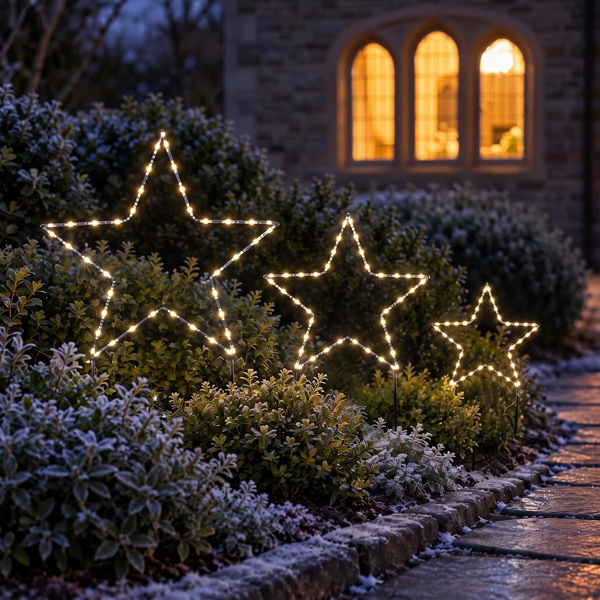 3 x Outdoor Battery Christmas Star Stake Lights Dual Colour LEDs Warm White & White