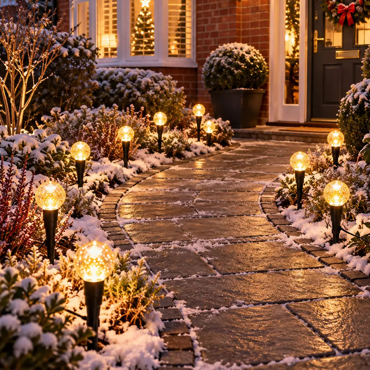 Outdoor Christmas string lights with glowing warm white globe bulbs mounted on black stakes, set in snow beside stone pavers in a front garden path.