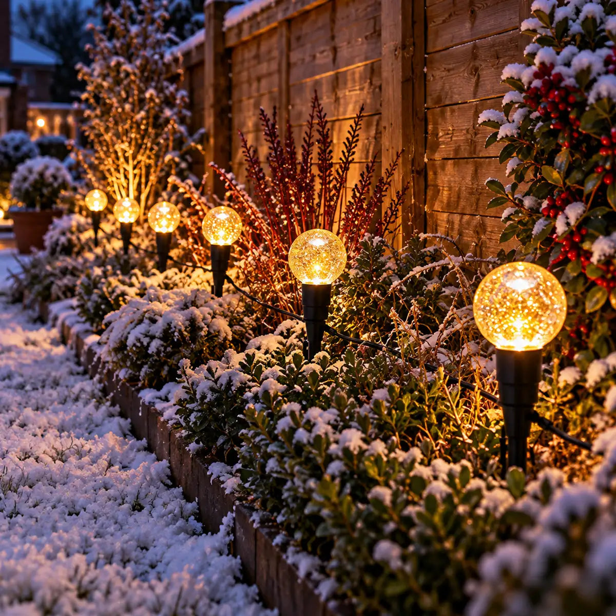 Outdoor garden pathway at dusk with several spherical solar path lights glowing warmly through snow-covered holly and shrubs beside a wooden fence.