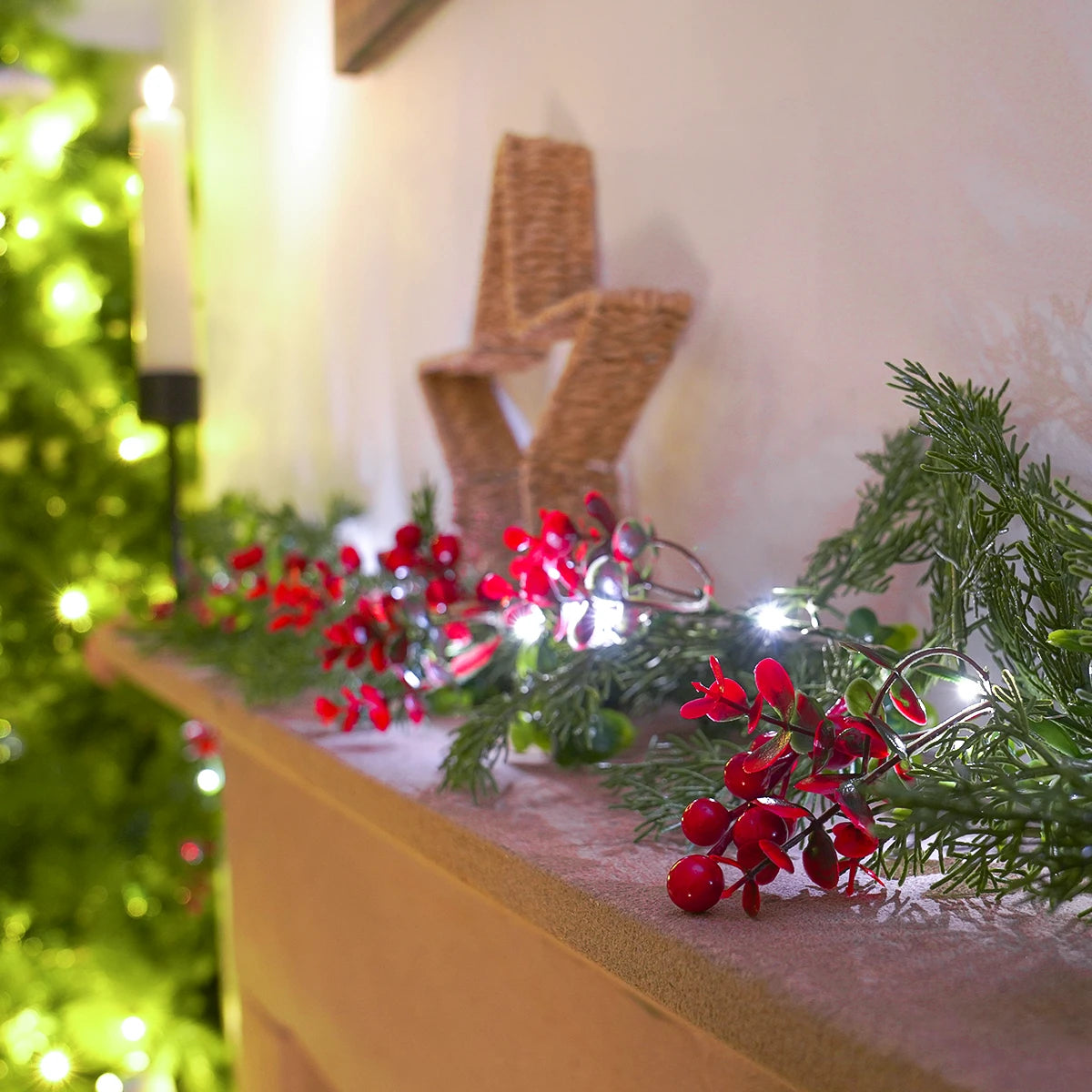 1.5m Red Berry Pre-Lit Christmas Garland - USB & Battery Operated