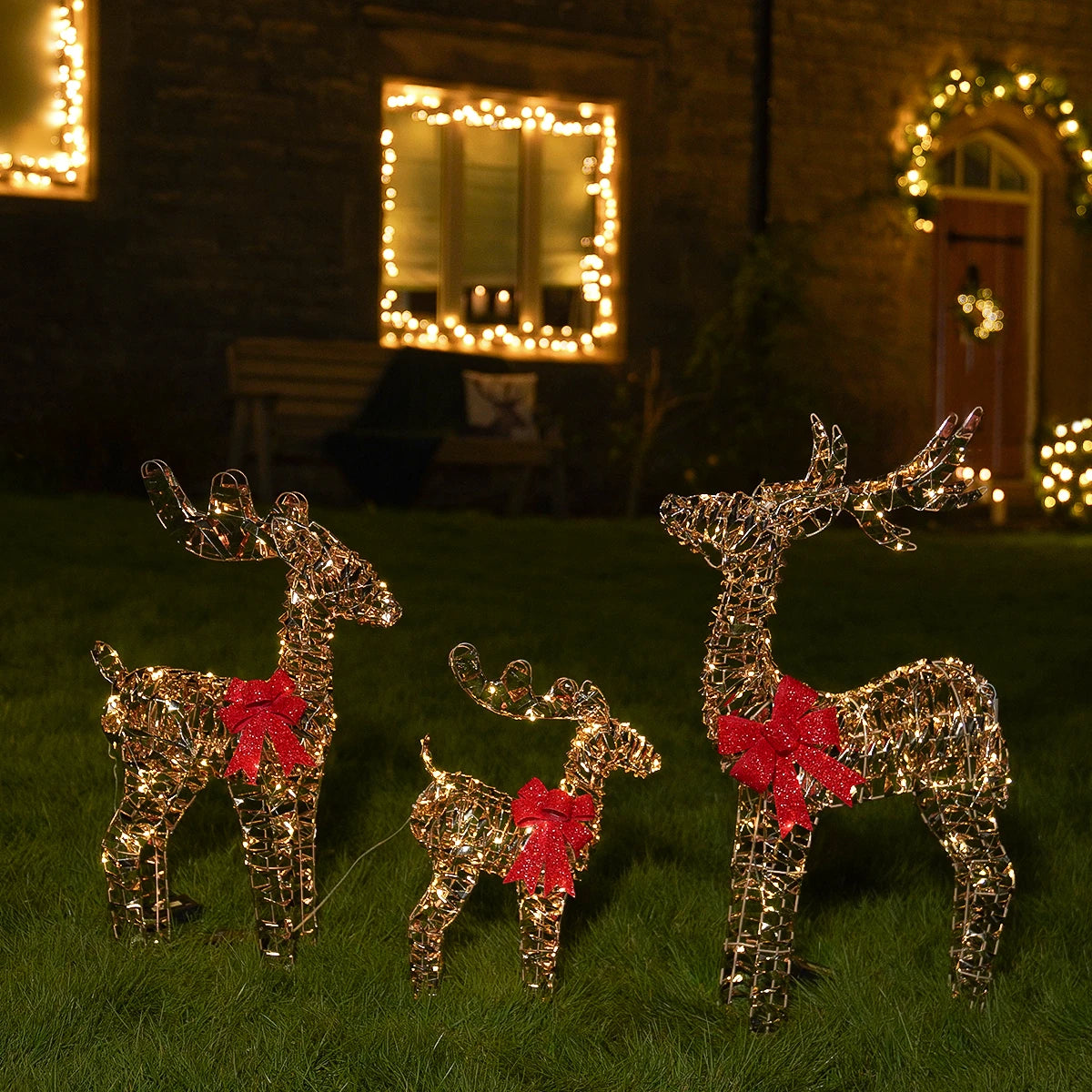 Gold Twist Battery Outdoor Light up Reindeer Family