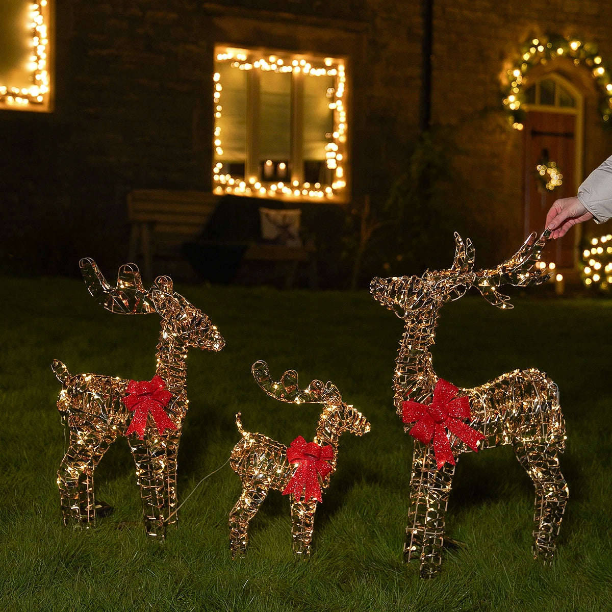 Gold Twist Battery Outdoor Light up Reindeer Family