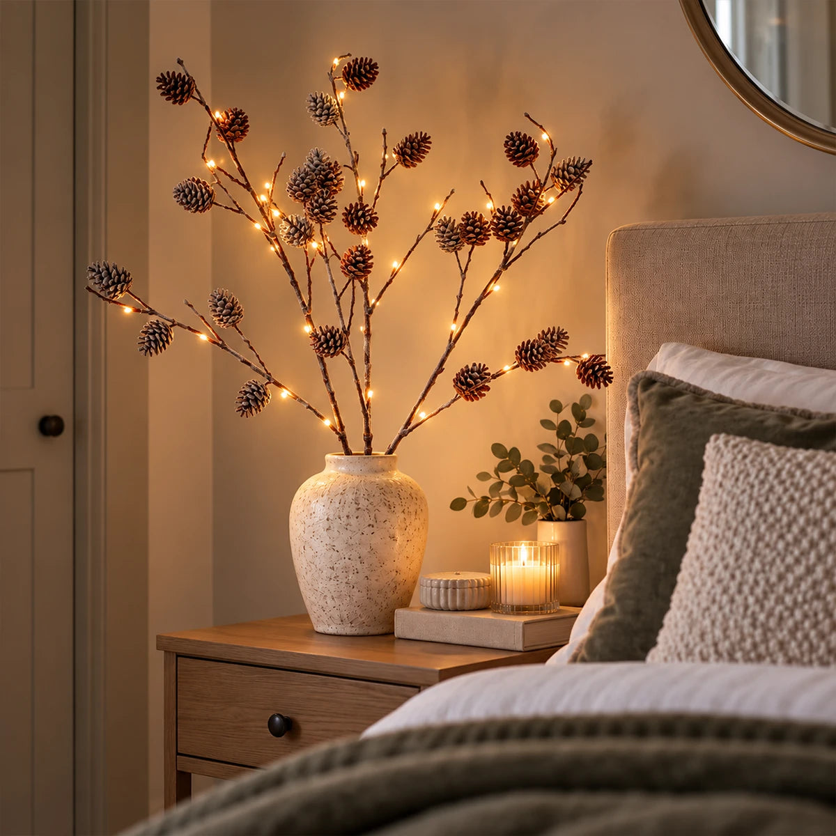 3 x Snowy Pinecone Battery Twig Lights 60 Warm White LEDs