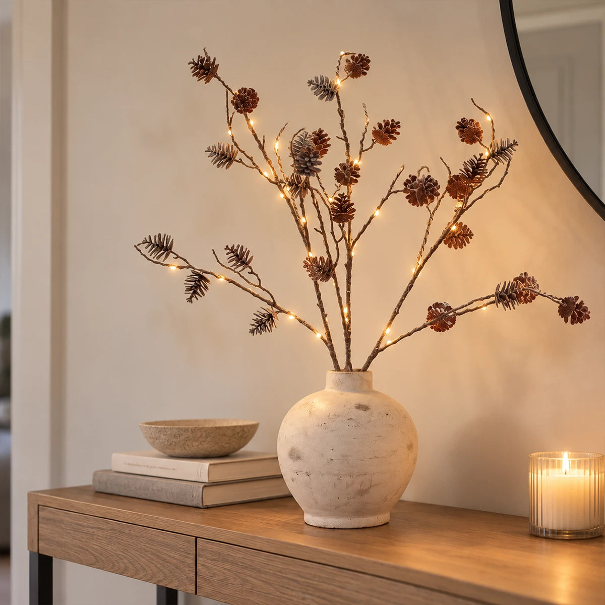 3 x Snowy Pinecone Battery Twig Lights 60 Warm White LEDs