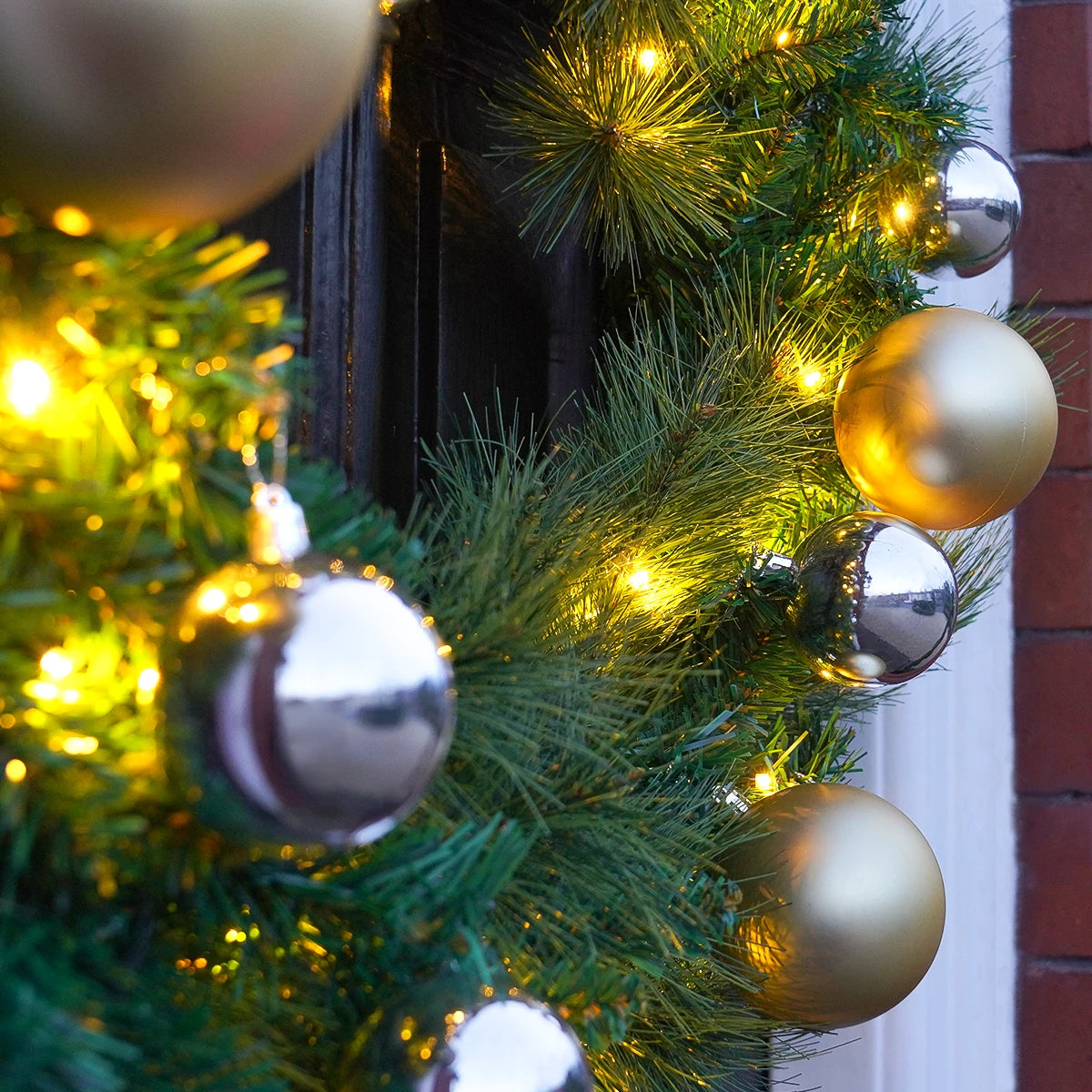 60cm Warm White ConnectGo Wreath with Gold and Silver Baubles