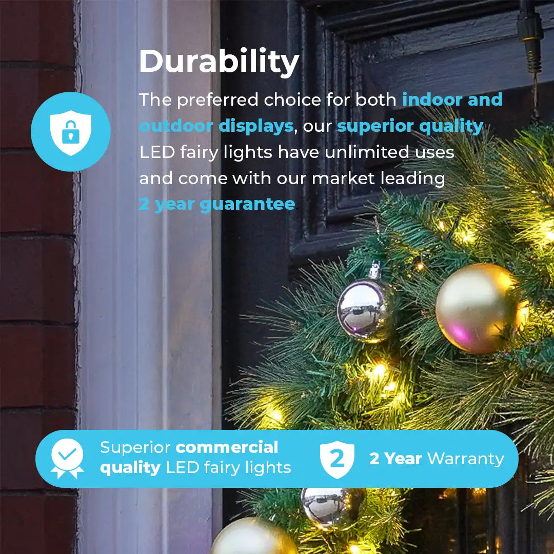 Promotional graphic for LED fairy lights showing a decorated Christmas tree in front of a dark doorway, with text highlighting durability, unlimited use, and a 2-year guarantee.