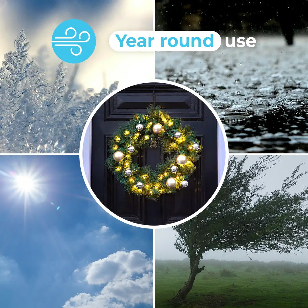A collage showing a festive evergreen wreath with warm white string lights and silver ornaments hanging on a dark door, surrounded by four seasonal lifestyle scenes: snow-covered trees, a snowy porch, a bright sun in a blue sky, and a misty tree in a green field. Text reads 'Year round use' with a wind icon.