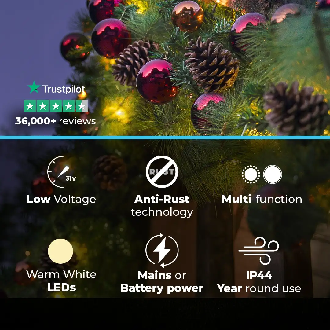 Outdoor ConnectGo® Christmas Garland with Baubles & Pinecones, Warm White LEDs