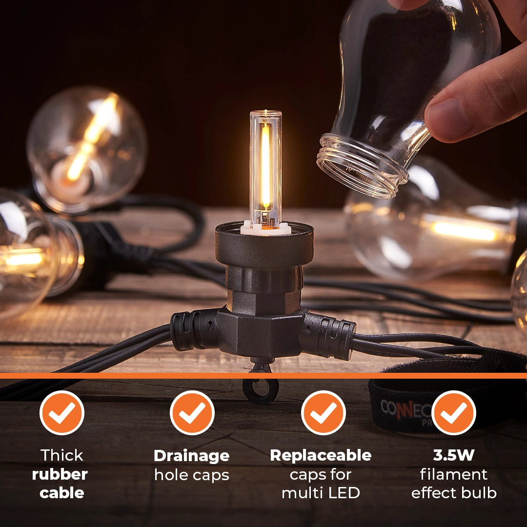Connectable Festoon Lights with A60 Filament Effect Bulbs on Black Rubber Cable