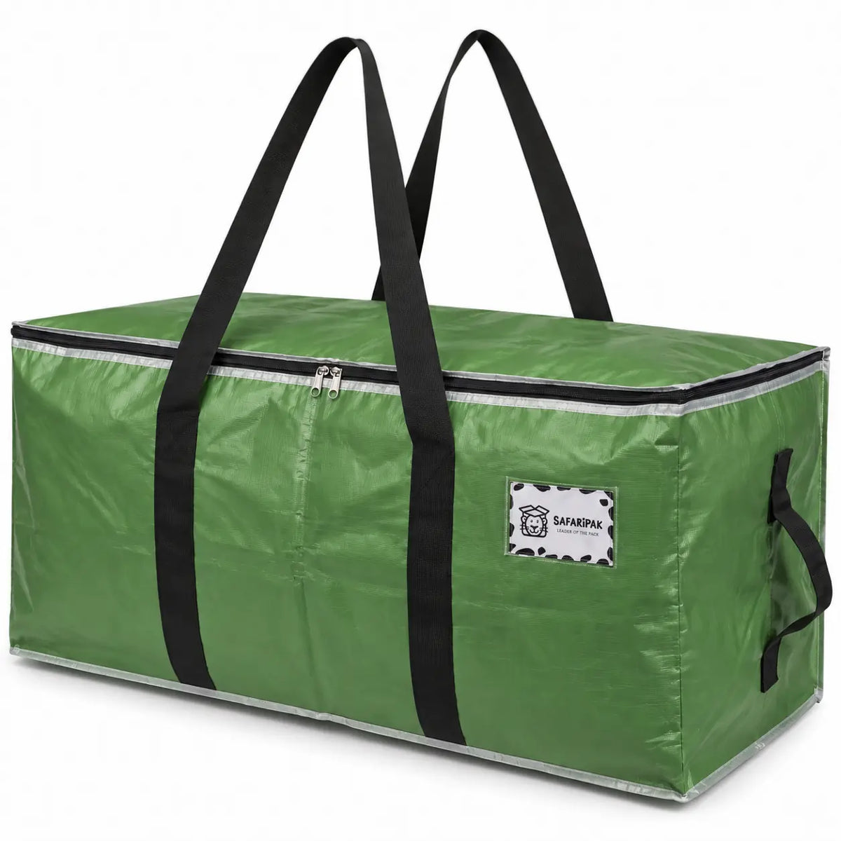 A green waterproof storage duffel bag with black handles and trim, featuring a white brand patch on the front, set against a plain white background.