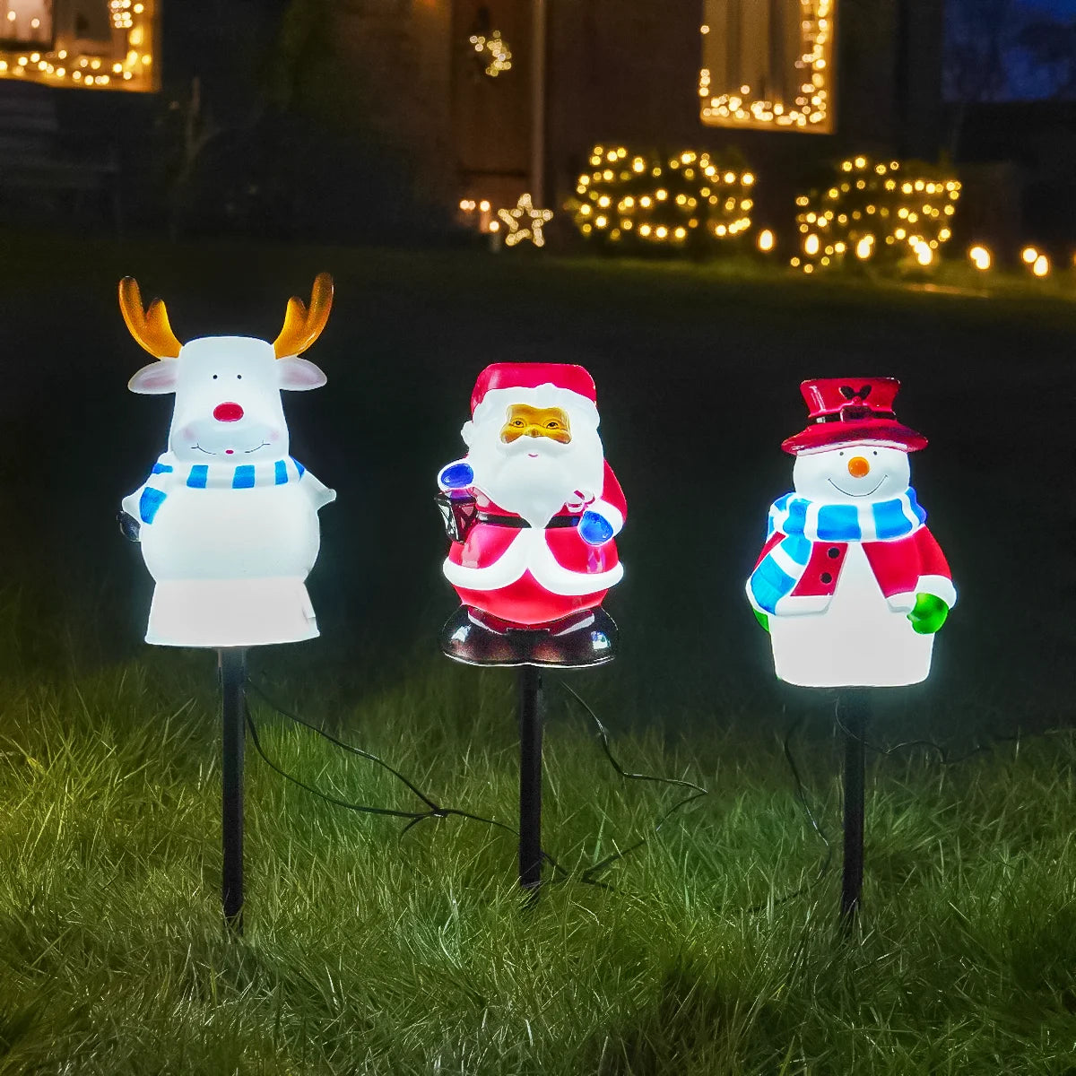 3 Christmas Stake Lights Blow Moulds Santa Snowman Reindeer