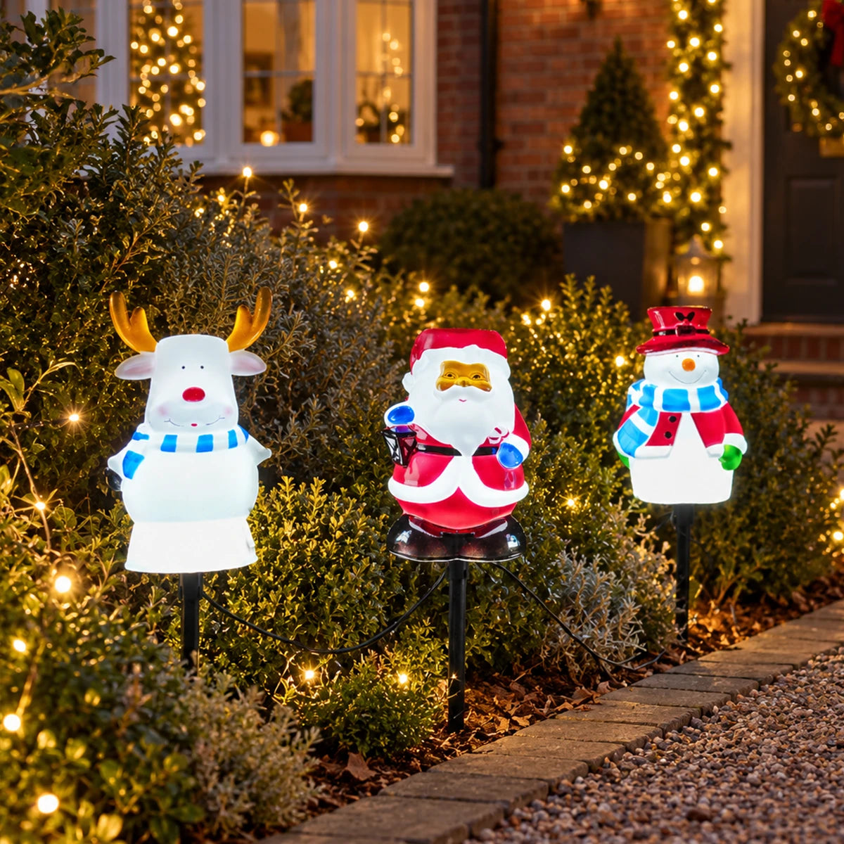 3 Christmas Stake Lights Blow Moulds Santa Snowman Reindeer