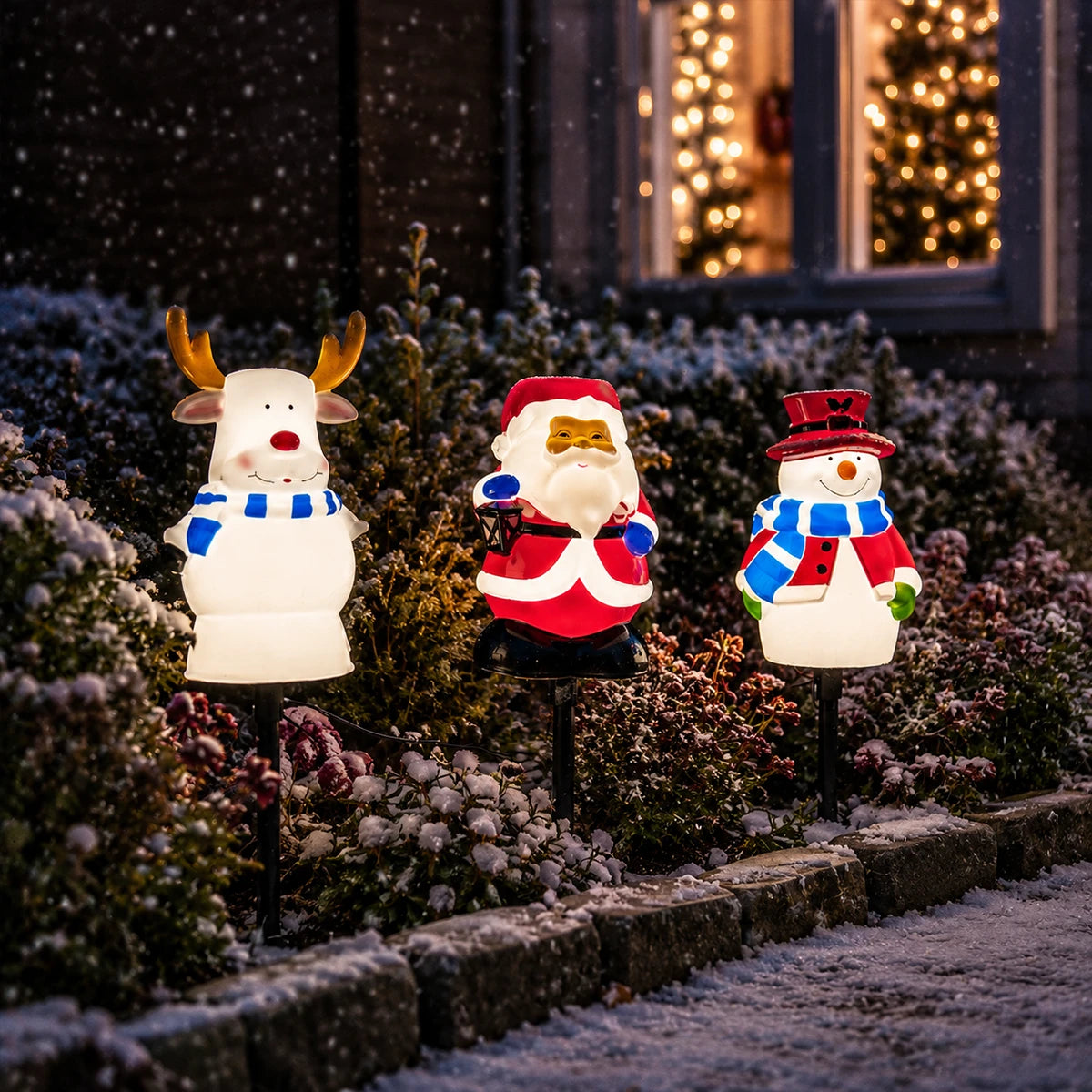 3 Christmas Stake Lights Blow Moulds Santa Snowman Reindeer