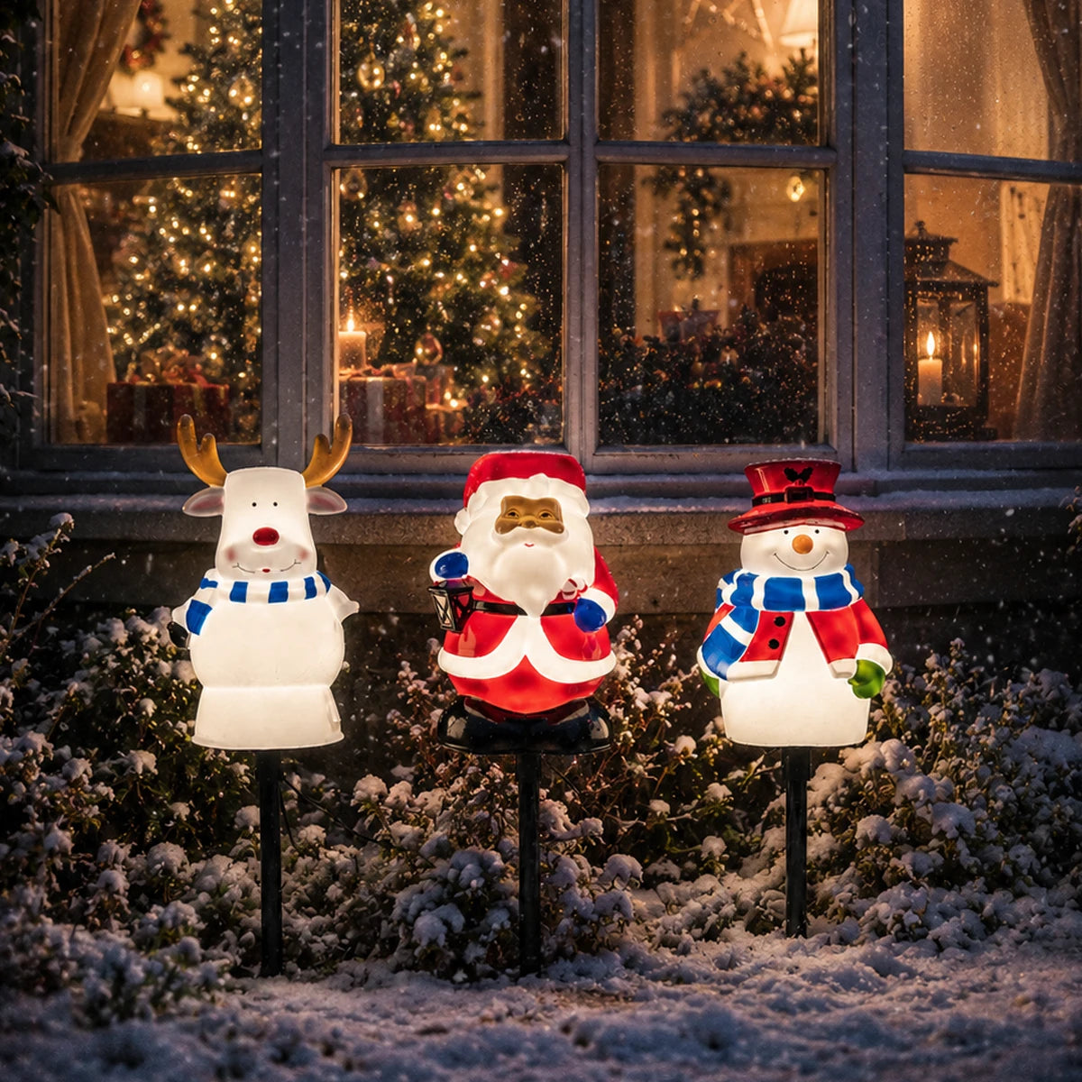 3 Christmas Stake Lights Blow Moulds Santa Snowman Reindeer