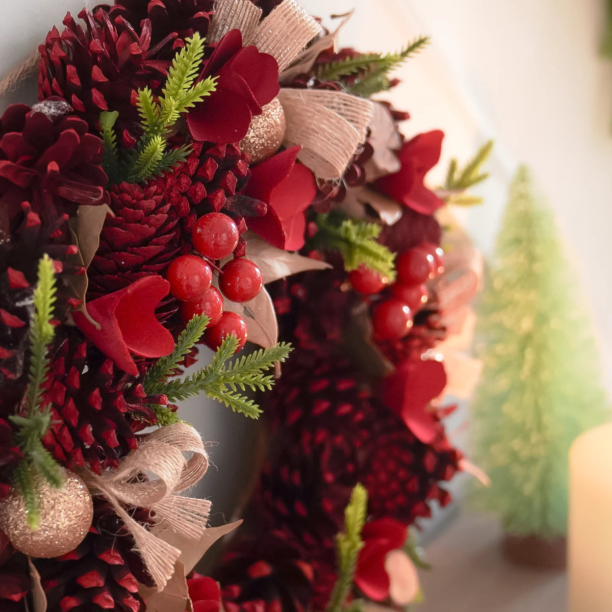 36cm Christmas Wreath with Red Roses and Pinecones