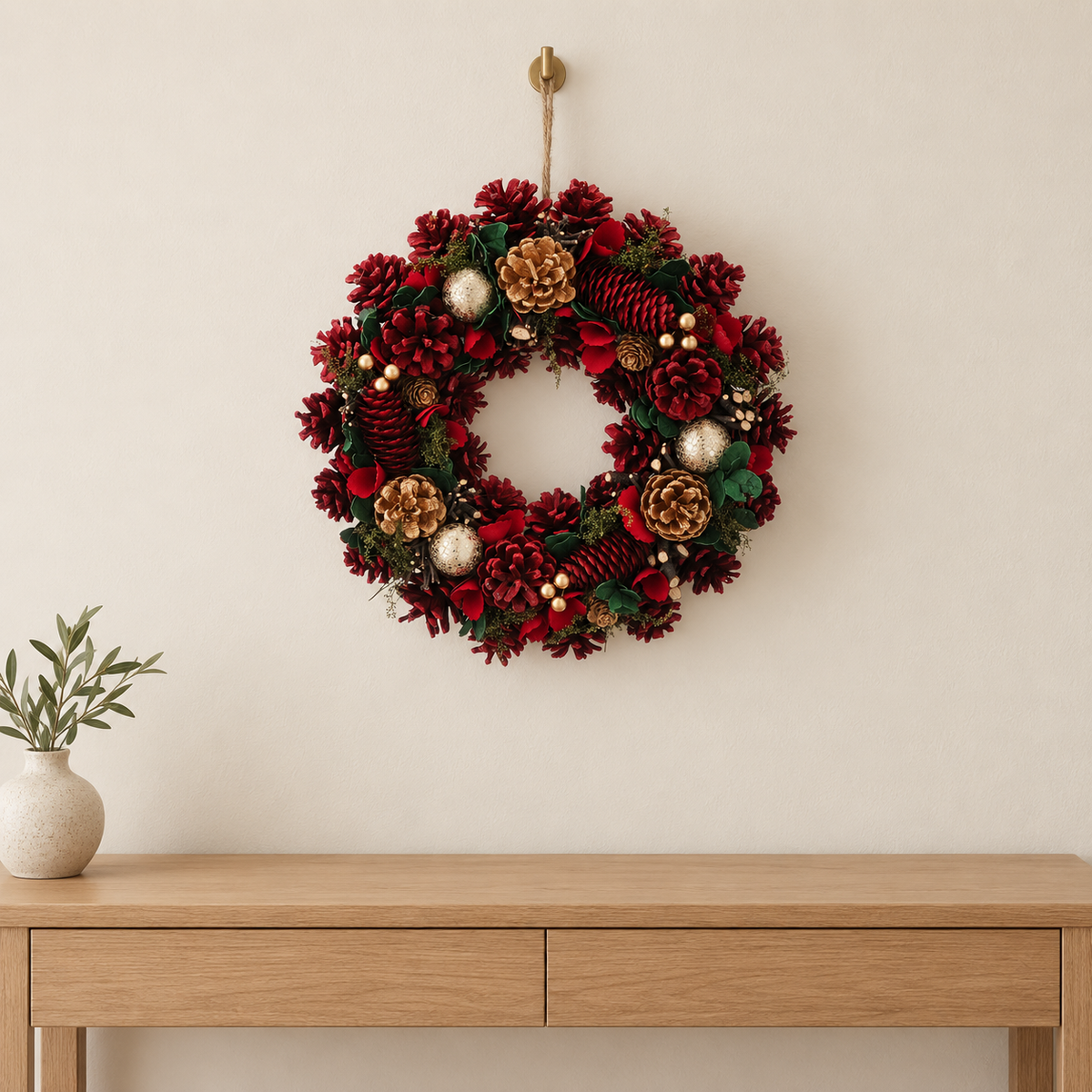 34cm Red Pinecones Gold Berries Autumn Wreath