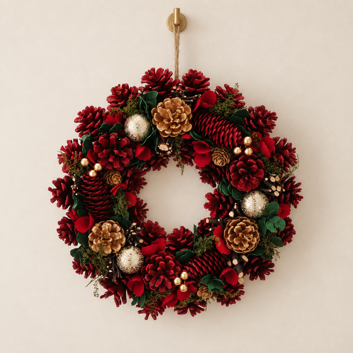 34cm Red Pinecones Gold Berries Autumn Wreath
