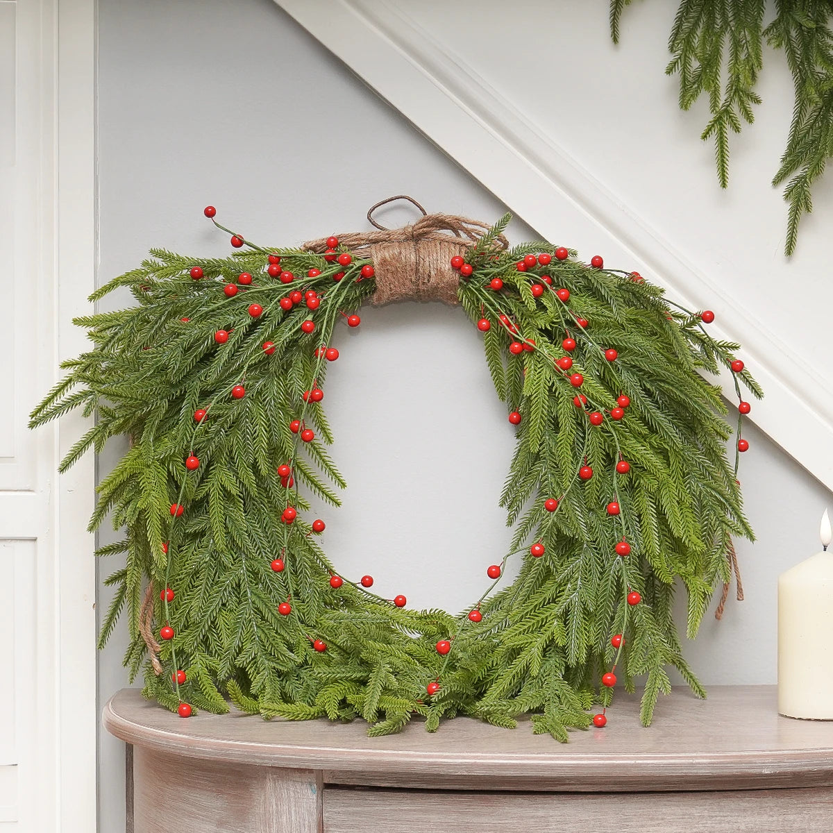 61cm Green Spruce & Red Berry Christmas Heart Wreath