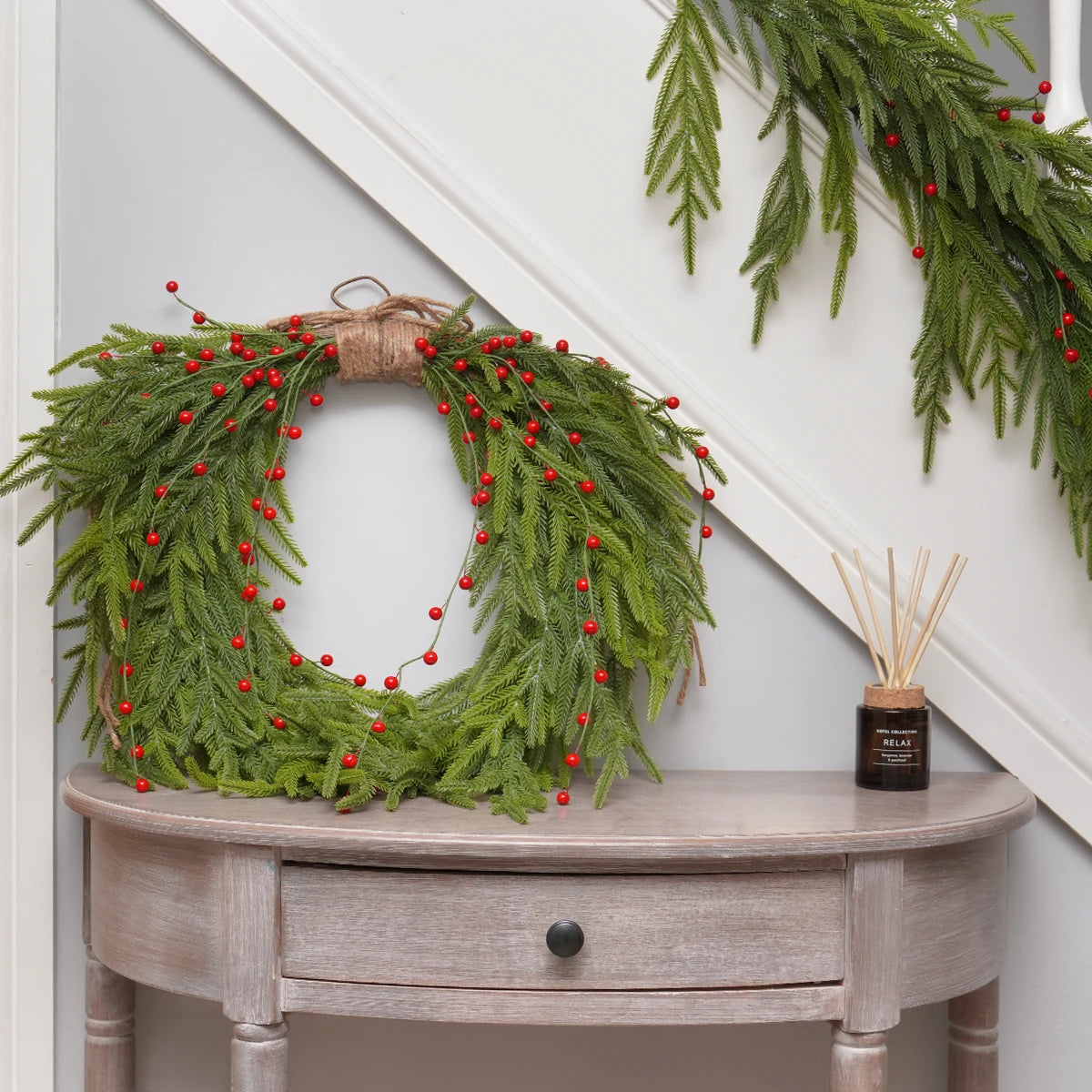 61cm Green Spruce & Red Berry Christmas Heart Wreath
