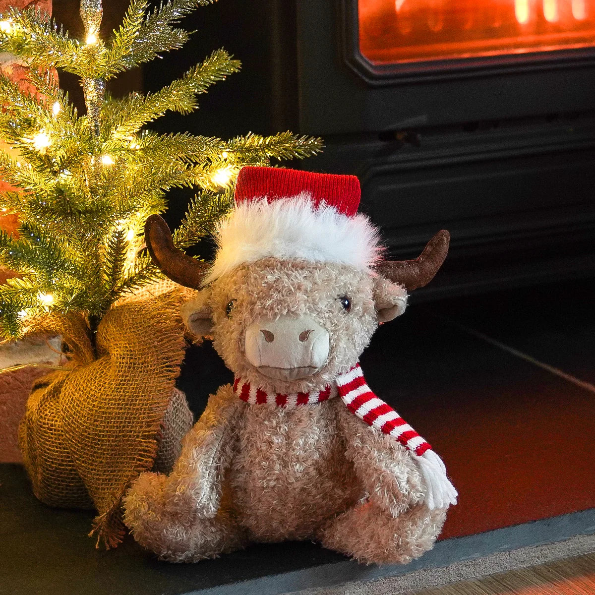 27cm Plush Sitting Highland Cow Red Hat