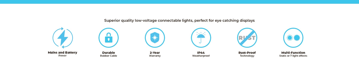 A blue banner with white text and five circular icons highlighting product features, including 'Superior quality low-voltage connectable lights' and 'Rust-Proof technology'.