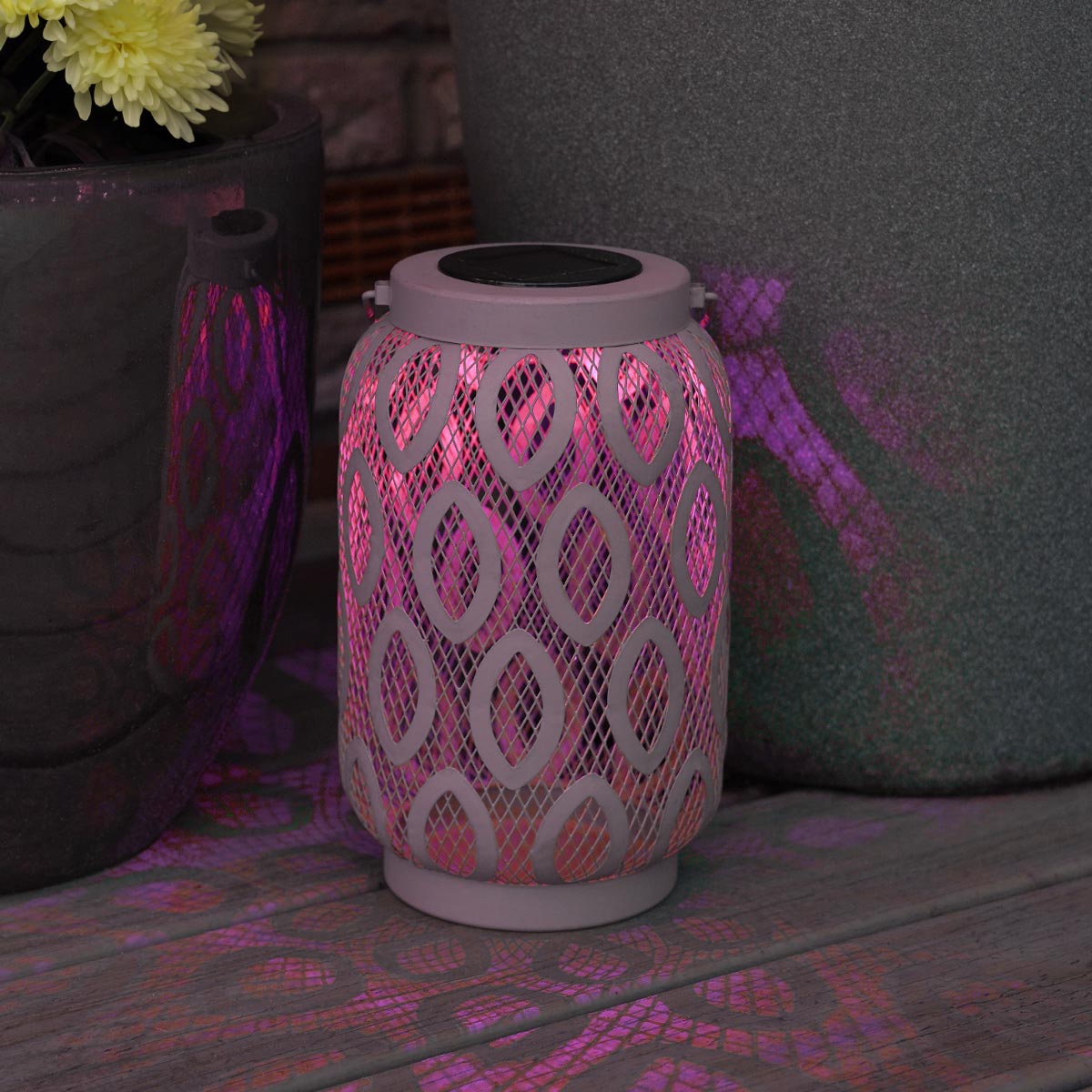 26cm Solar Metal Hanging Table Lantern, White, Warm White and Colour Changing LEDs
