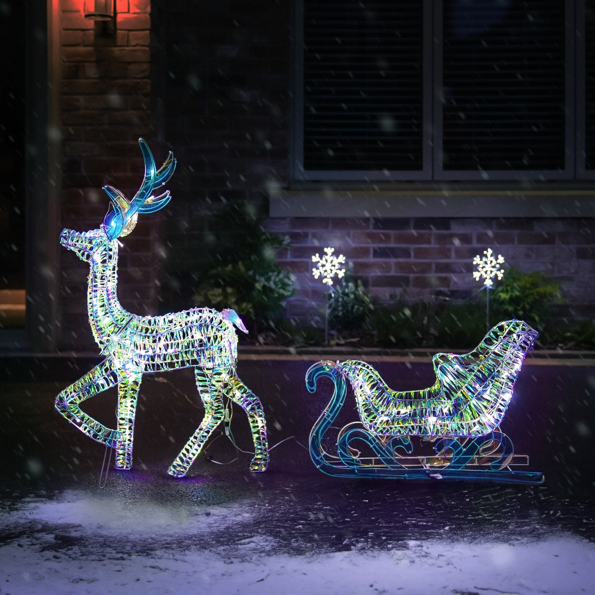 85cm Outdoor Iridescent Reindeer & Sleigh Christmas Figure Set