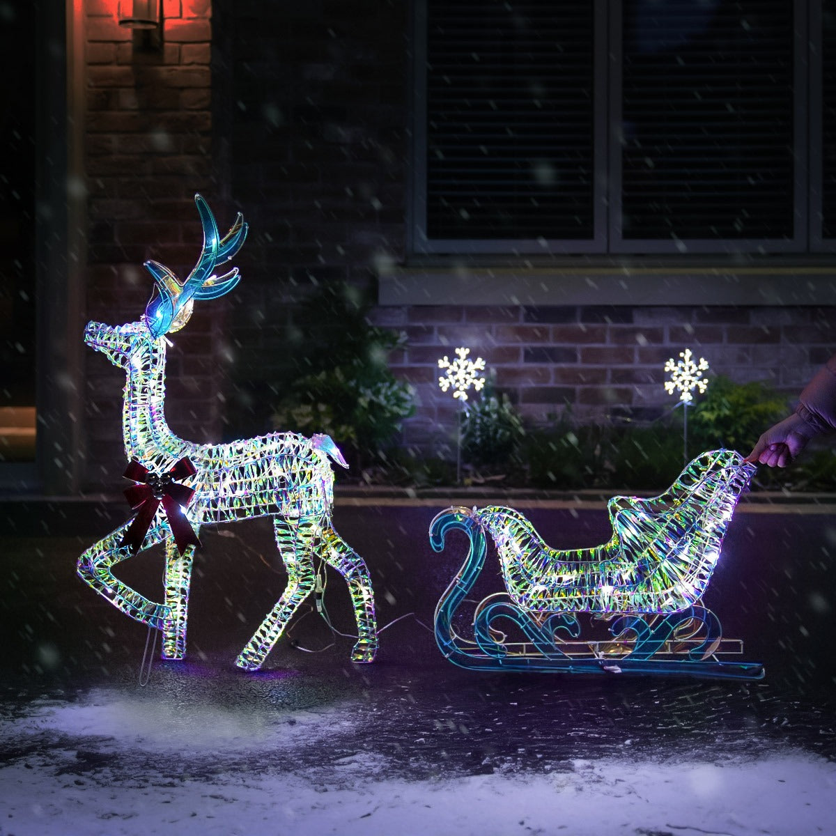 85cm Outdoor Iridescent Reindeer & Sleigh Christmas Figure Set