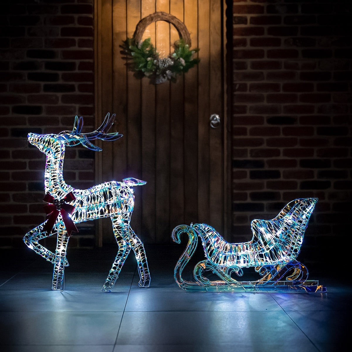 85cm Outdoor Iridescent Reindeer & Sleigh Christmas Figure Set