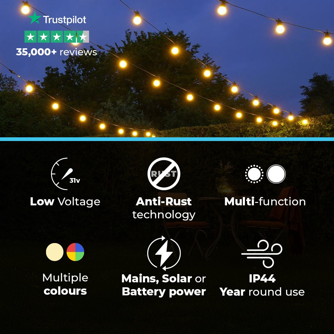 Connectable Festoon Lights with G50 Clear Filament Effect Bulbs on Black Rubber Cable