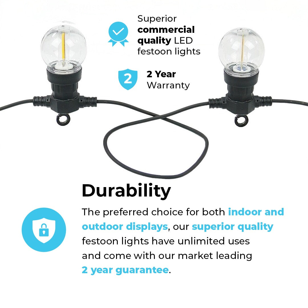 Connectable Festoon Lights with G50 Clear Filament Effect Bulbs on Black Rubber Cable