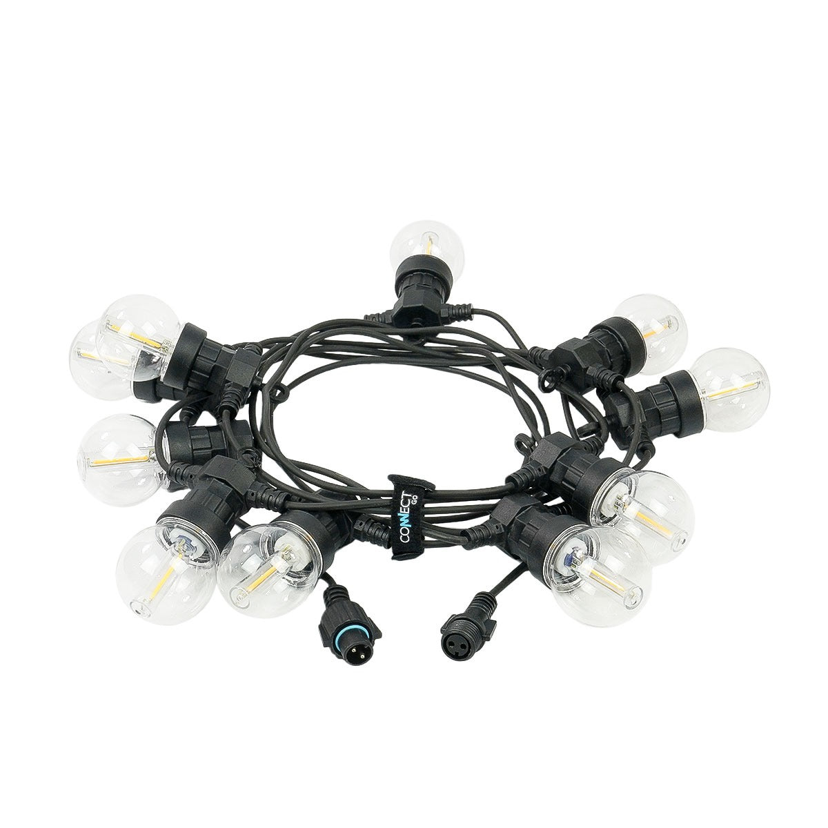 Connectable Festoon Lights with G50 Clear Filament Effect Bulbs on Black Rubber Cable