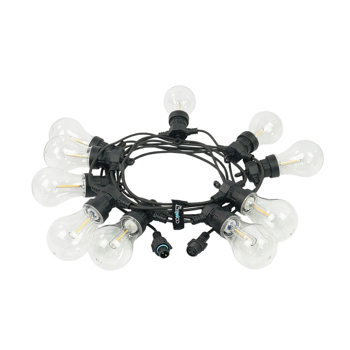 Connectable Festoon Lights with A60 Filament Effect Bulbs on Black Rubber Cable