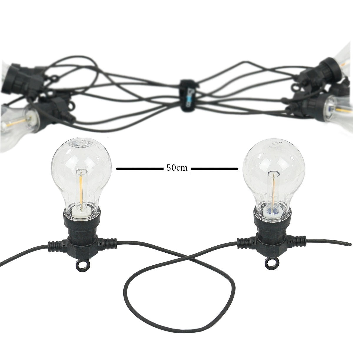 Connectable Festoon Lights with A60 Filament Effect Bulbs on Black Rubber Cable