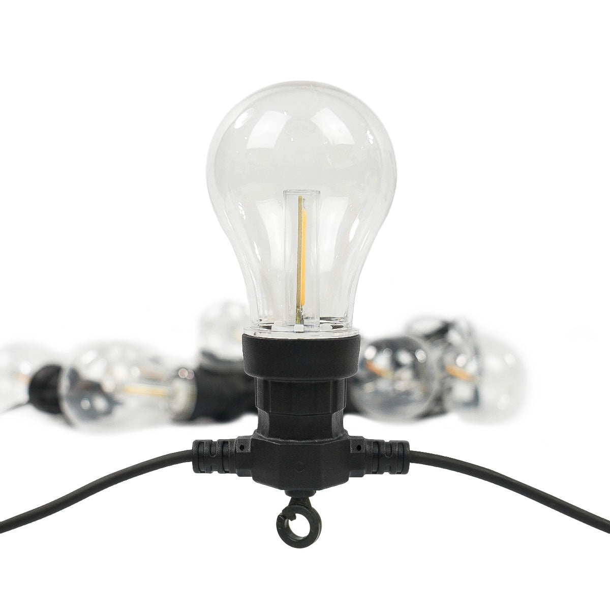 Connectable Festoon Lights with A60 Filament Effect Bulbs on Black Rubber Cable