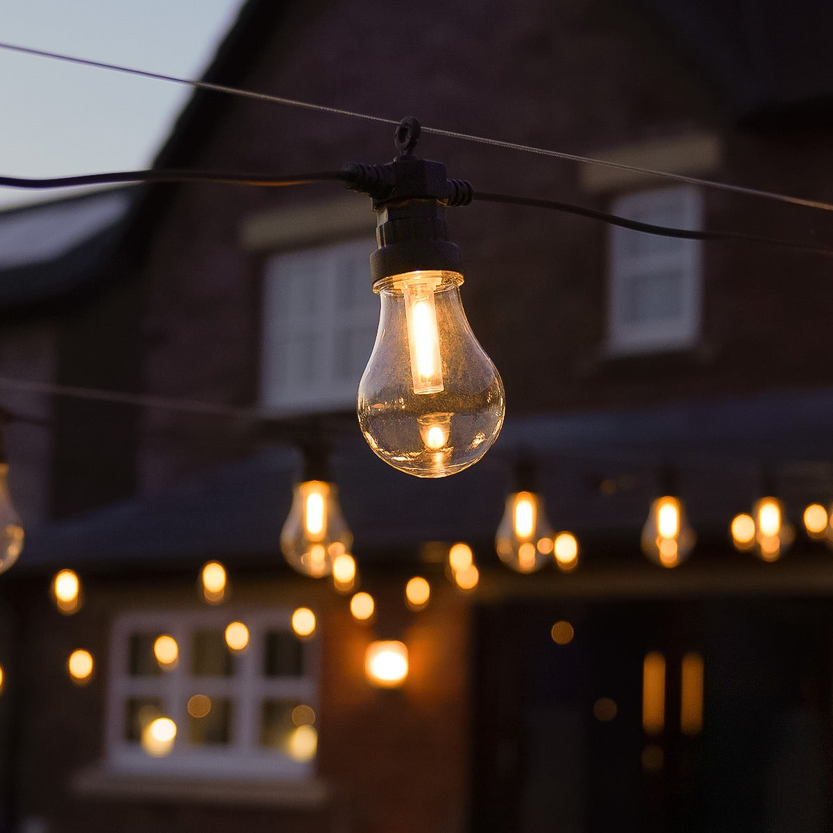 Connectable Festoon Lights with A60 Filament Effect Bulbs on Black Rubber Cable
